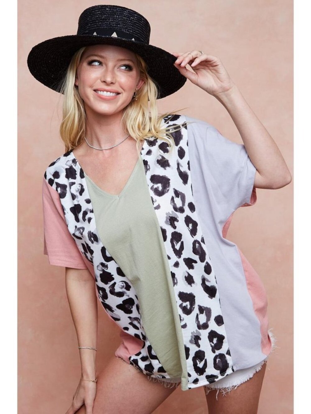 BiBi Cotton Span Knit With Leopard Color Block Top